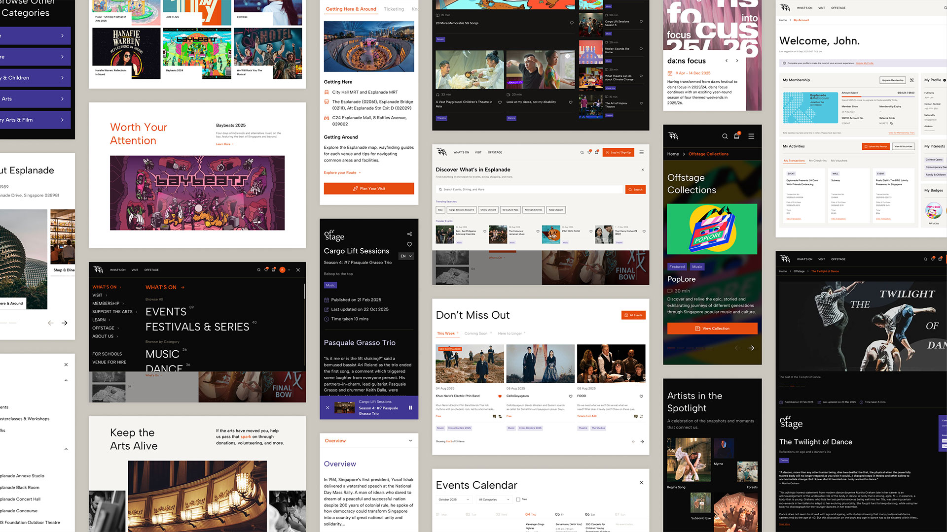Montage of redesigned Esplanade page templates across What's On, Visit, Offstage and Membership