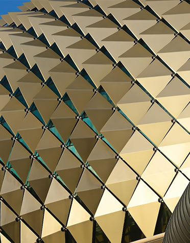 Close view of the anodised aluminium sunshades on the Esplanade dome