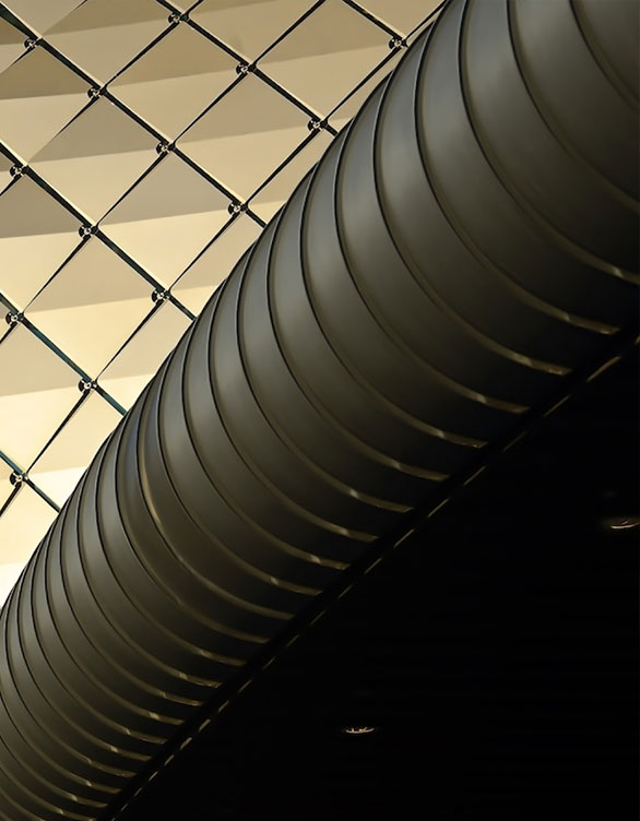 The underside of the Esplanade dome lit at night