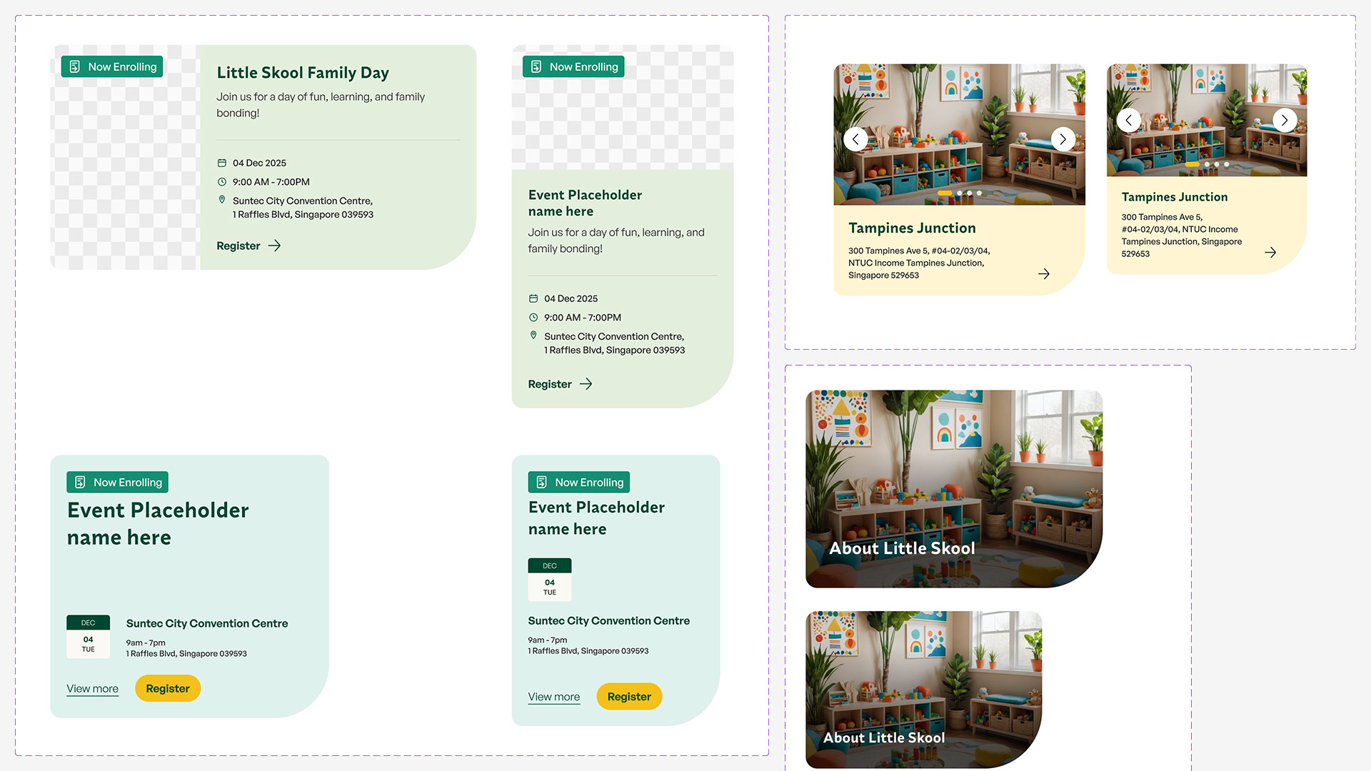 Card components for events, preschool listings and image tiles