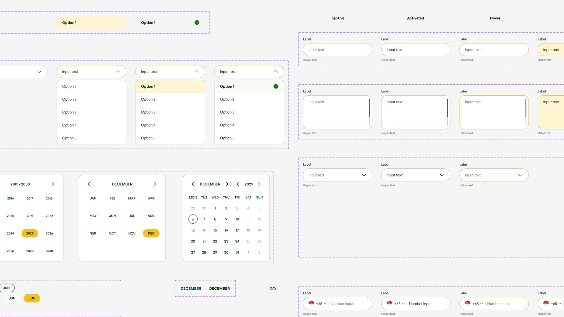 Input components including dropdowns, date pickers and calendar states