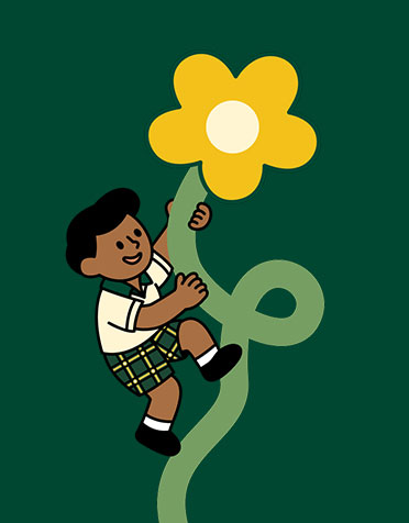 Little Skool brand illustration of a child climbing a stem towards a yellow flower