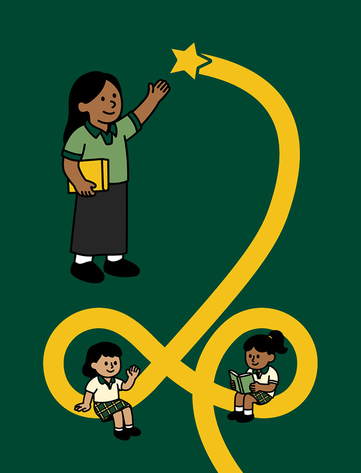 Little Skool brand illustration of children reaching for a star along a looping yellow path